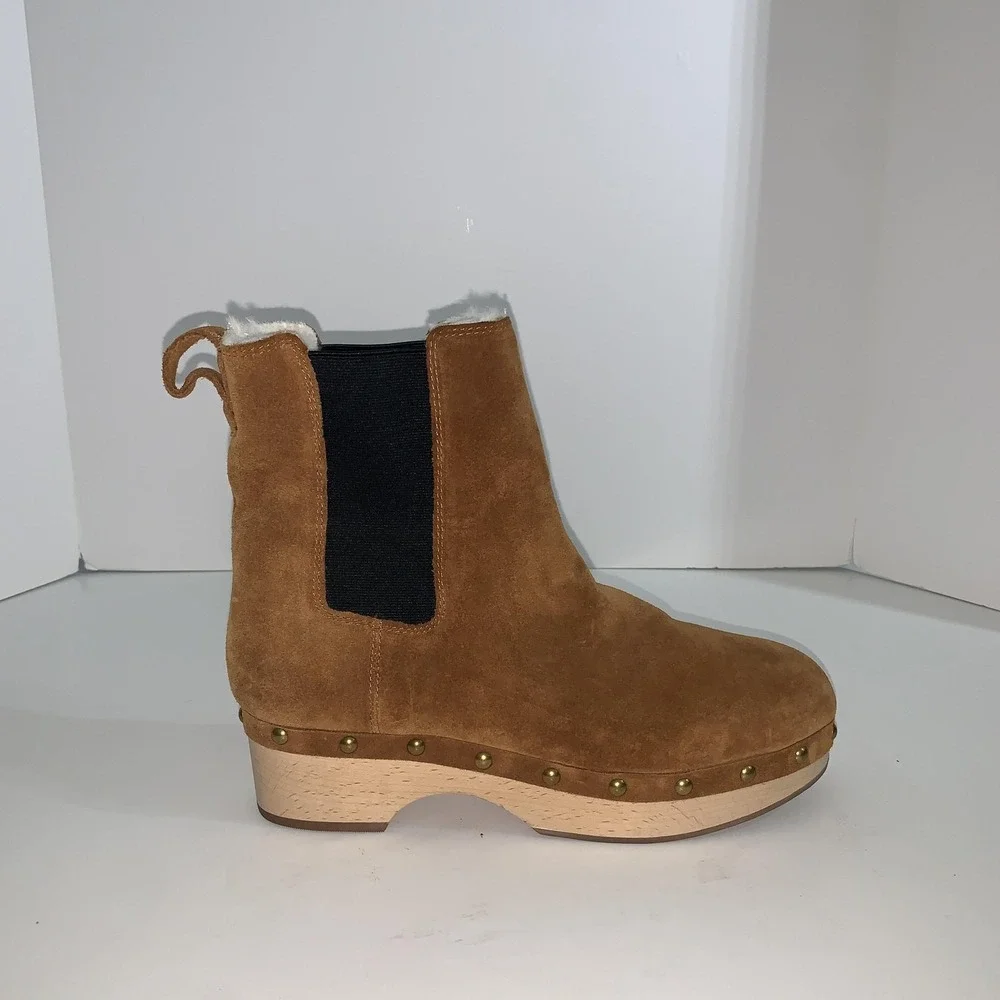 J Crew Ankle Boots Womens Size 9.5 Brown Suede Faux Fur Lined Chelsea Clog BD336